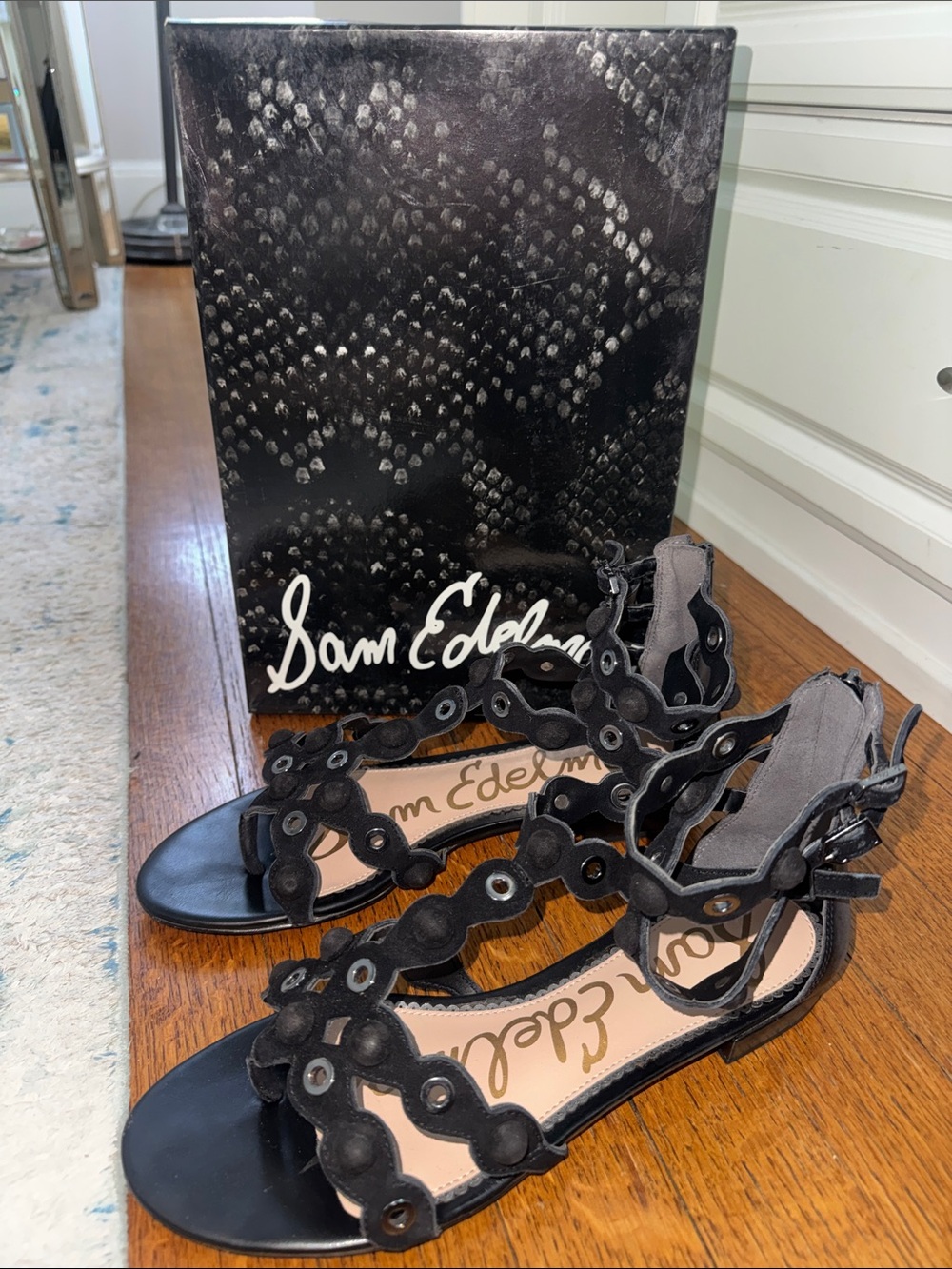 Sam Edelman Black Scalloped Eyelet Strap Sandals